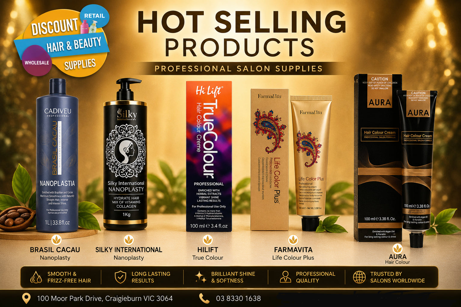 Collection of professional hair and beauty products including Hi Lift hair colour, Brasil Cacau keratin, and salon tools, showcasing discount prices.